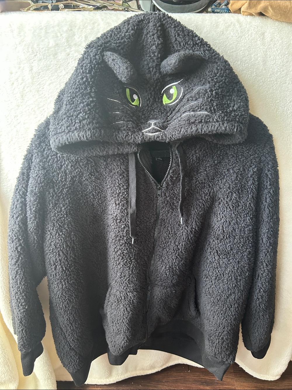 Torrid Black Cat Hoodie Plush Zip-Up with Embroidered Face size 3